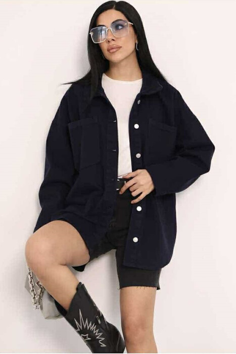 ONE COLOR BUTTON WOMEN DENIM JACKET DARK BLUE/BEE - KLAUDIO FASHION
