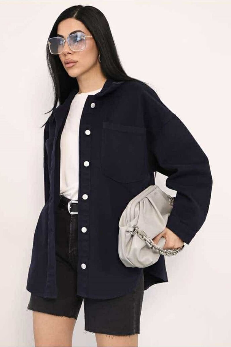 ONE COLOR BUTTON WOMEN DENIM JACKET DARK BLUE/BEE - 2