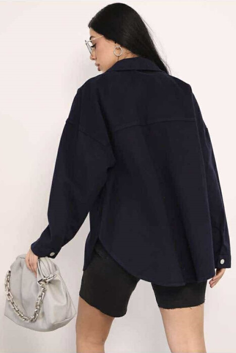 ONE COLOR BUTTON WOMEN DENIM JACKET DARK BLUE/BEE - 3