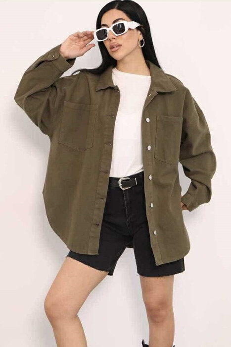 ONE COLOR BUTTON WOMEN DENIM JACKET GREEN/JESHILE - KLAUDIO FASHION