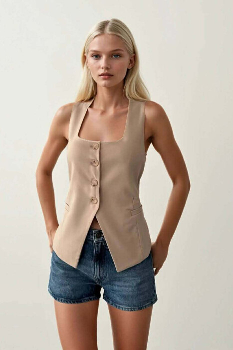 ONE COLOR BUTTON WOMEN VEST BEIGE/BEZHE - KLAUDIO FASHION