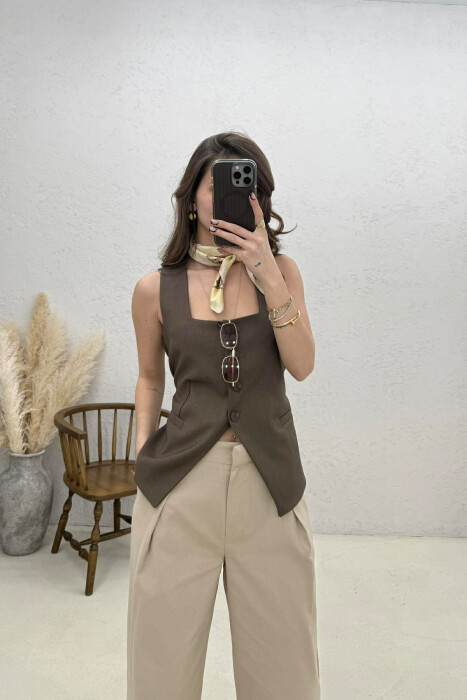 ONE COLOR BUTTON WOMEN VEST BROWN/KAFE - KLAUDIO FASHION