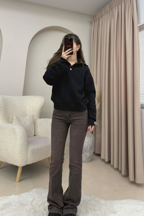 ONE COLOR BUTTONED FLUFFY WOMEN SWEATSHIRT BLACK/ E ZEZE 