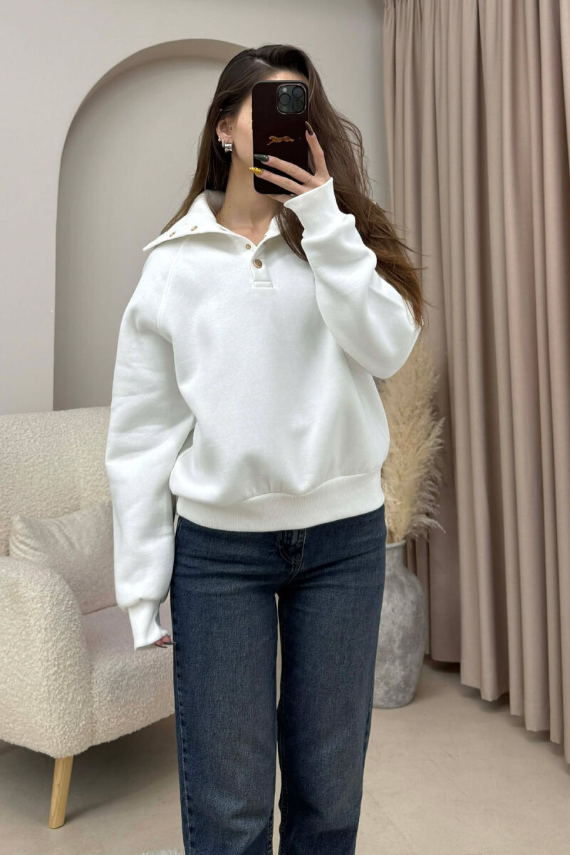 ONE COLOR BUTTONED FLUFFY WOMEN SWEATSHIRT WHITE-E BARDHE - 1