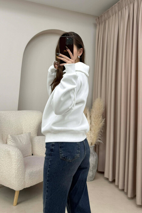 ONE COLOR BUTTONED FLUFFY WOMEN SWEATSHIRT WHITE-E BARDHE - 2