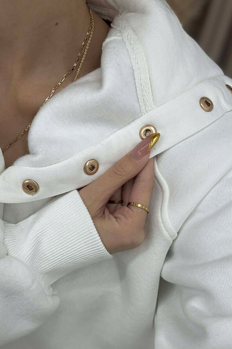 ONE COLOR BUTTONED FLUFFY WOMEN SWEATSHIRT WHITE-E BARDHE - 3