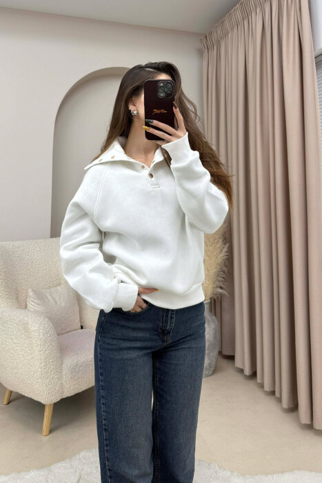 ONE COLOR BUTTONED FLUFFY WOMEN SWEATSHIRT WHITE-E BARDHE - 4
