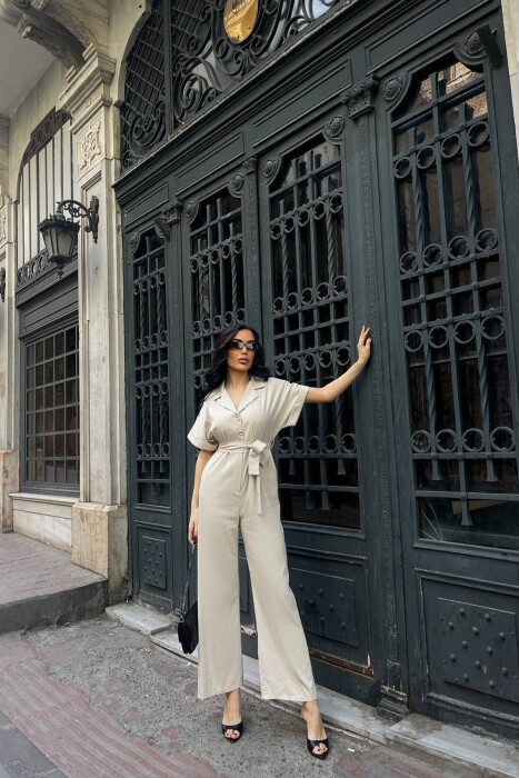 ONE COLOR BUTTONED LACING BELT WOMAN JUMPSUIT BEIGE/BEZHE - 2