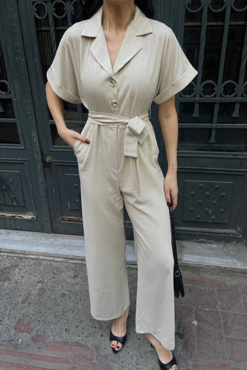 ONE COLOR BUTTONED LACING BELT WOMAN JUMPSUIT BEIGE/BEZHE - 3