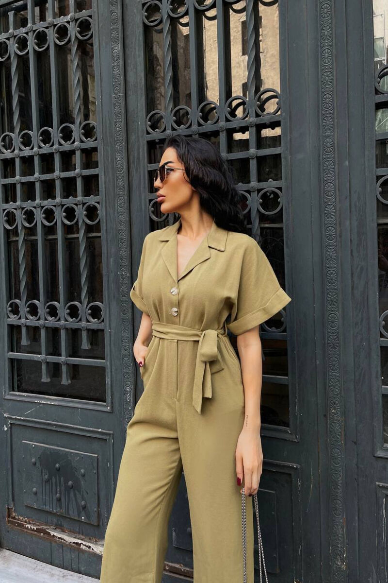 ONE COLOR BUTTONED LACING BELT WOMAN JUMPSUIT OLIVE/ULLI - 3