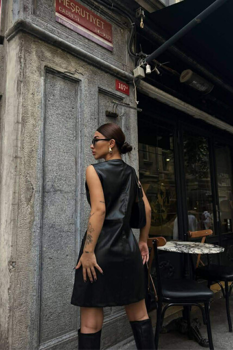 ONE COLOR BUTTONED LEATHER SLEEVELESS WOMEN DRESS BLACK/ E ZEZE - 7
