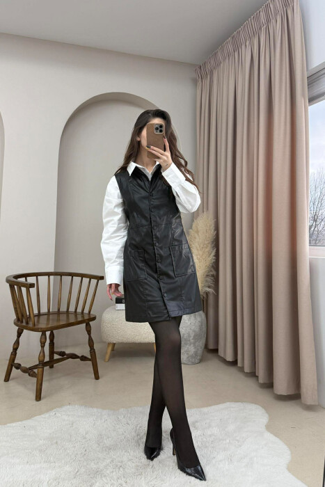 ONE COLOR BUTTONED LEATHER SLEEVELESS WOMEN DRESS BLACK/ E ZEZE 