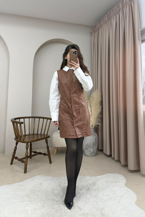 ONE COLOR BUTTONED LEATHER SLEEVELESS WOMEN DRESS BROWN/KAFE 