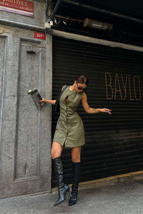 ONE COLOR BUTTONED LEATHER SLEEVELESS WOMEN DRESS OLIVE/ULLI - 3