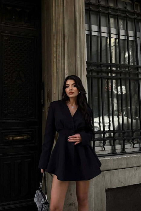 ONE COLOR BUTTONED SHORT WOMEN DRESS BLACK/ E ZEZE - 3