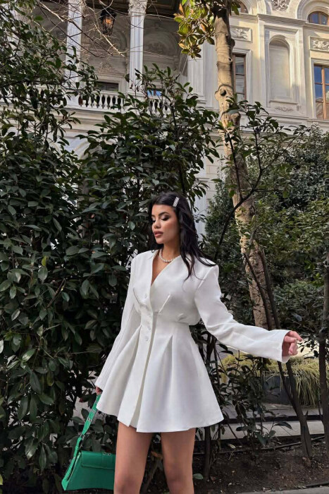 ONE COLOR BUTTONED SHORT WOMEN DRESS WHITE-E BARDHE 