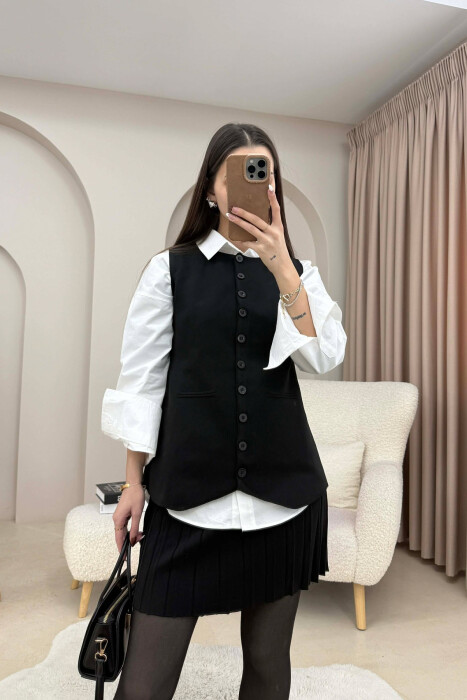 ONE COLOR BUTTONED VEST + SHORT SKIRT KNITTED WOMAN SET BLACK/ E ZEZE - 3