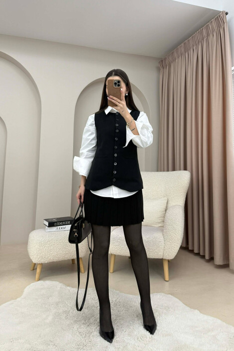 ONE COLOR BUTTONED VEST + SHORT SKIRT KNITTED WOMAN SET BLACK/ E ZEZE 