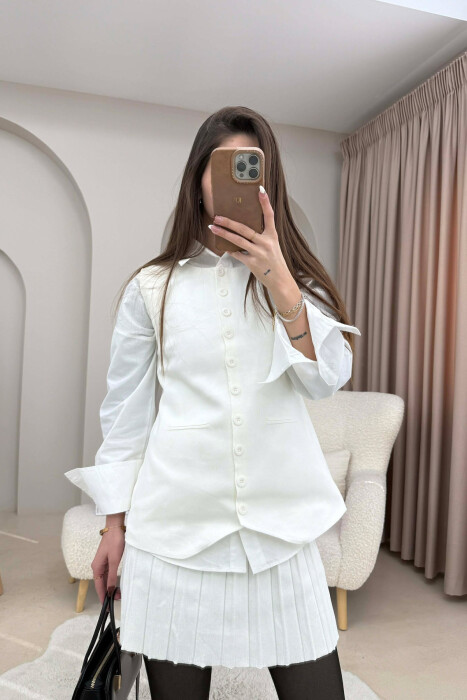 ONE COLOR BUTTONED VEST + SHORT SKIRT KNITTED WOMAN SET WHITE-E BARDHE - 3