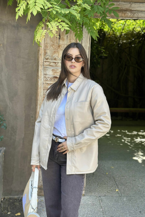 ONE COLOR BUTTONED WARM WOMEN JACKET BEIGE/BEZHE - 1