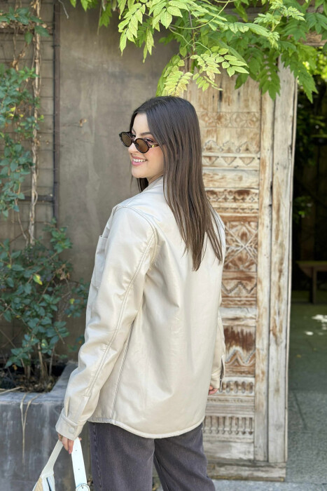 ONE COLOR BUTTONED WARM WOMEN JACKET BEIGE/BEZHE - 3