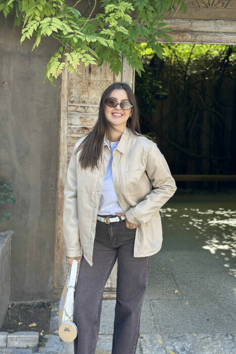 ONE COLOR BUTTONED WARM WOMEN JACKET BEIGE/BEZHE - 5