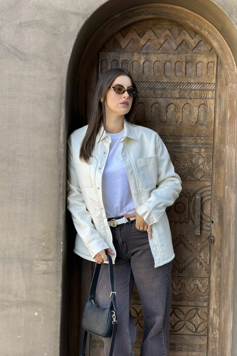 ONE COLOR BUTTONED WARM WOMEN JACKET WHITE-E BARDHE 