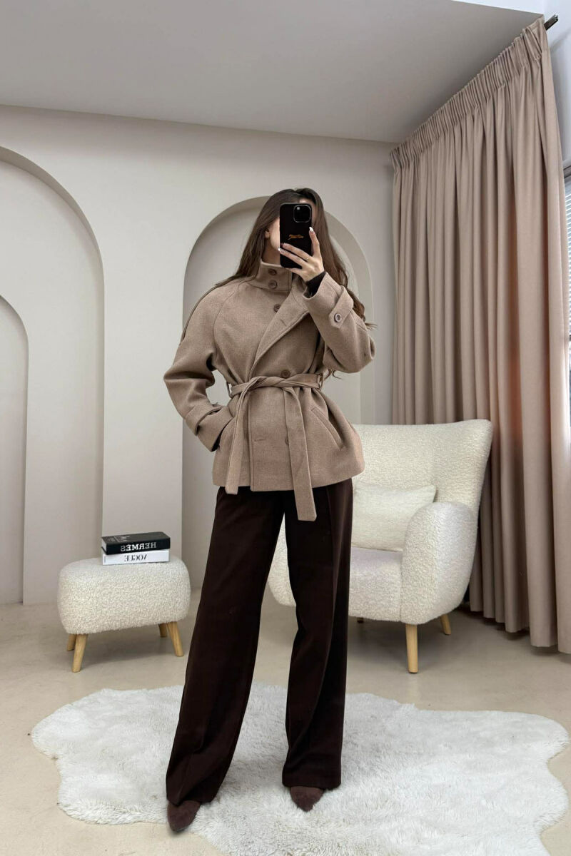 ONE COLOR BUTTONED WOMAN COAT WITH BELT BEIGE/BEZHE - 2