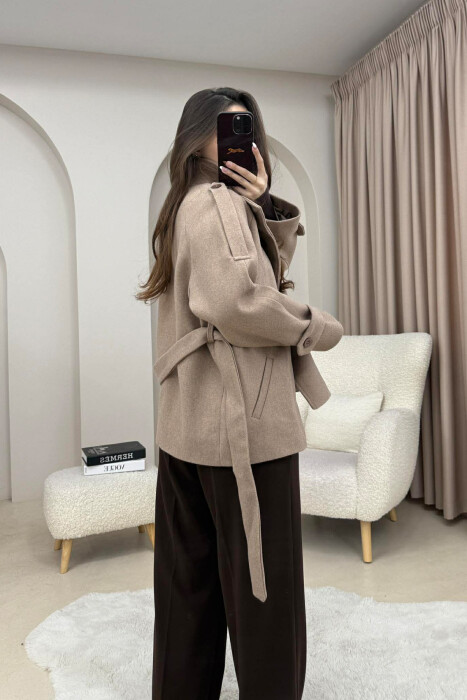 ONE COLOR BUTTONED WOMAN COAT WITH BELT BEIGE/BEZHE - 3