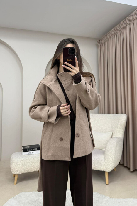 ONE COLOR BUTTONED WOMAN COAT WITH BELT BEIGE/BEZHE - 4
