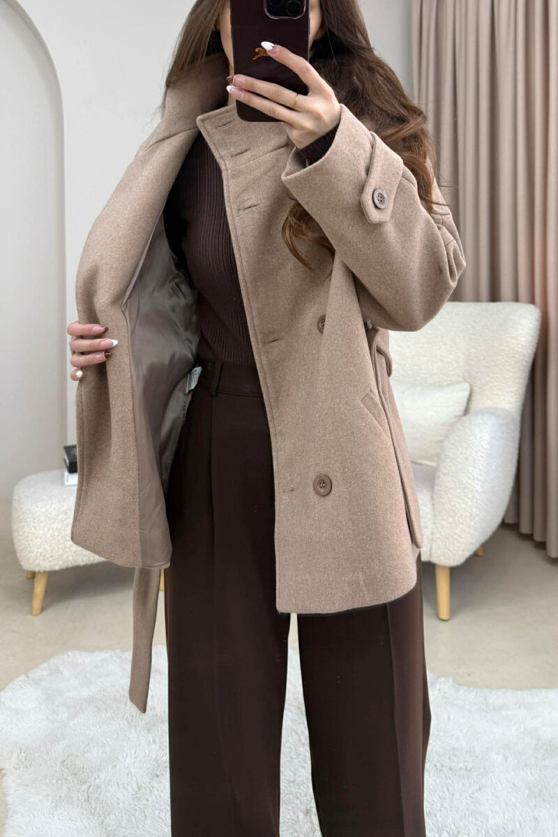 ONE COLOR BUTTONED WOMAN COAT WITH BELT BEIGE/BEZHE - 5