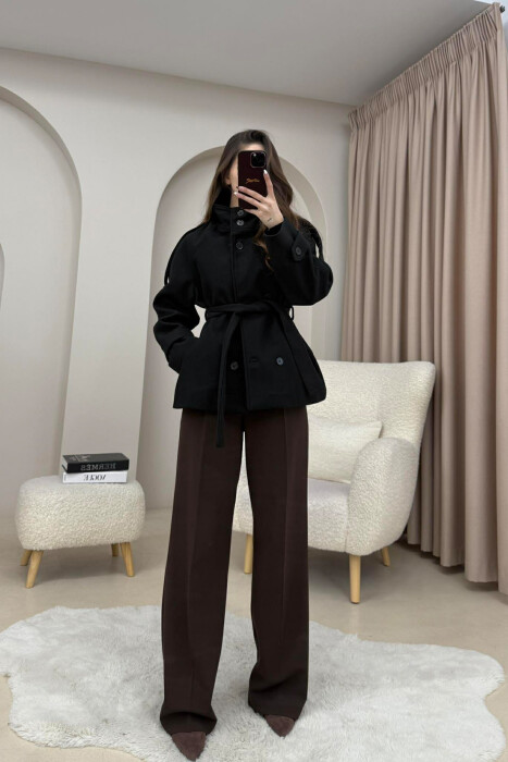 ONE COLOR BUTTONED WOMAN COAT WITH BELT BLACK/ E ZEZE - 3