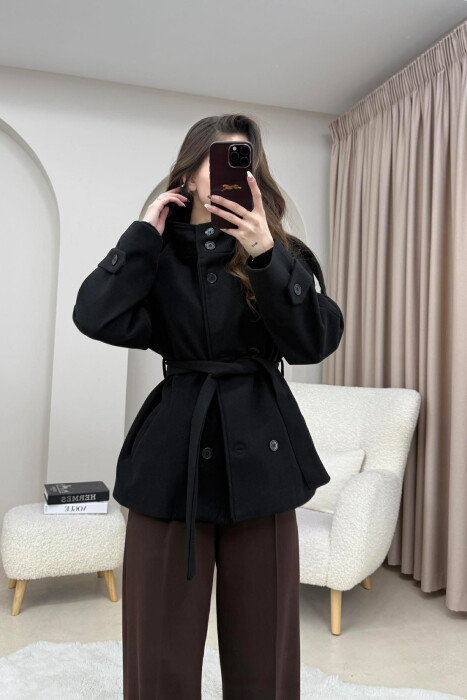 ONE COLOR BUTTONED WOMAN COAT WITH BELT BLACK/ E ZEZE - 1