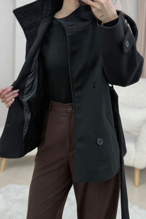 ONE COLOR BUTTONED WOMAN COAT WITH BELT BLACK/ E ZEZE - 4