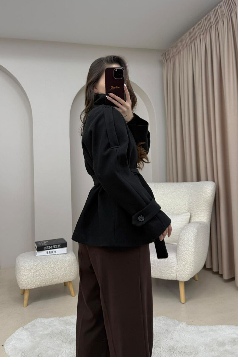ONE COLOR BUTTONED WOMAN COAT WITH BELT BLACK/ E ZEZE - 5