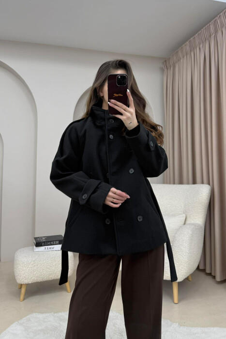 ONE COLOR BUTTONED WOMAN COAT WITH BELT BLACK/ E ZEZE - 2