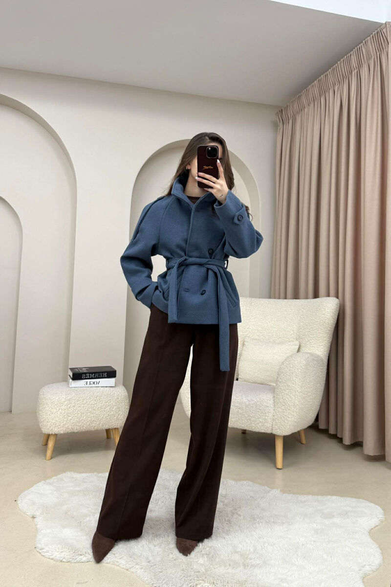 ONE COLOR BUTTONED WOMAN COAT WITH BELT BLUE/BLU - 2