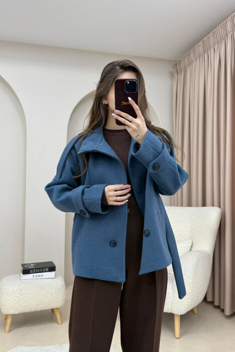 ONE COLOR BUTTONED WOMAN COAT WITH BELT BLUE/BLU - 3