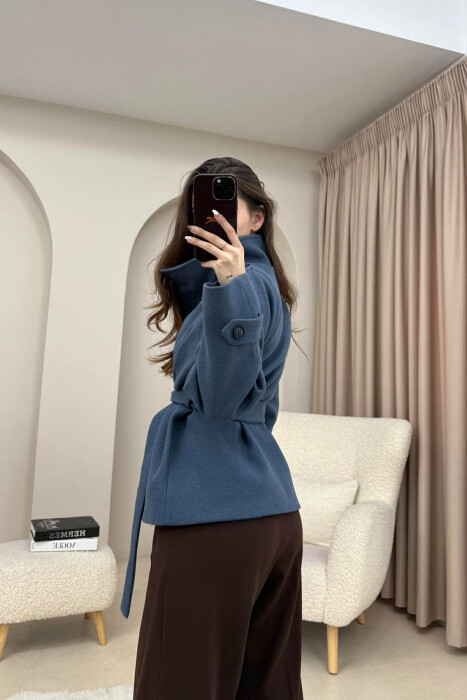 ONE COLOR BUTTONED WOMAN COAT WITH BELT BLUE/BLU - 4