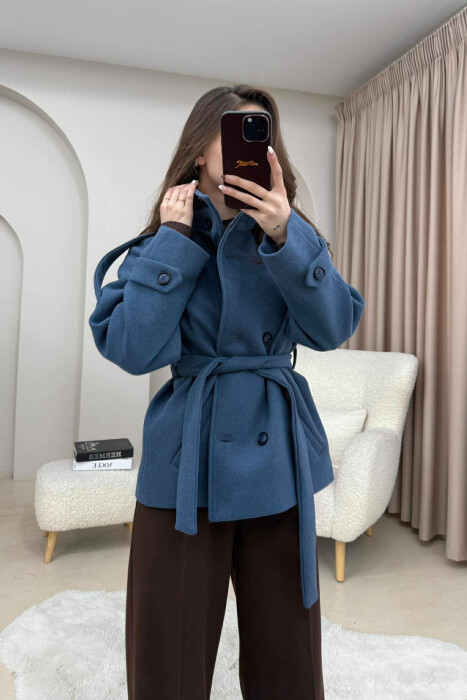 ONE COLOR BUTTONED WOMAN COAT WITH BELT BLUE/BLU - 1