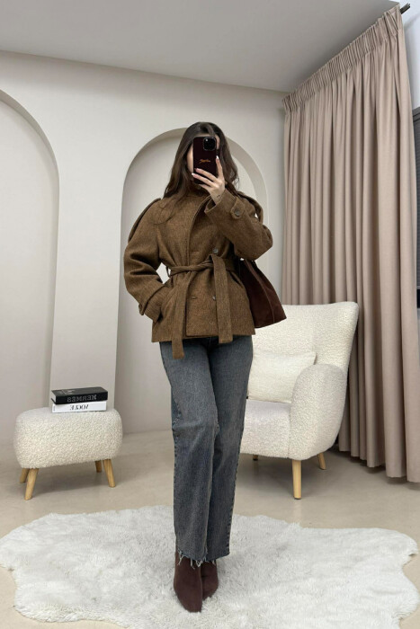 ONE COLOR BUTTONED WOMAN COAT WITH BELT BROWN/KAFE - 3