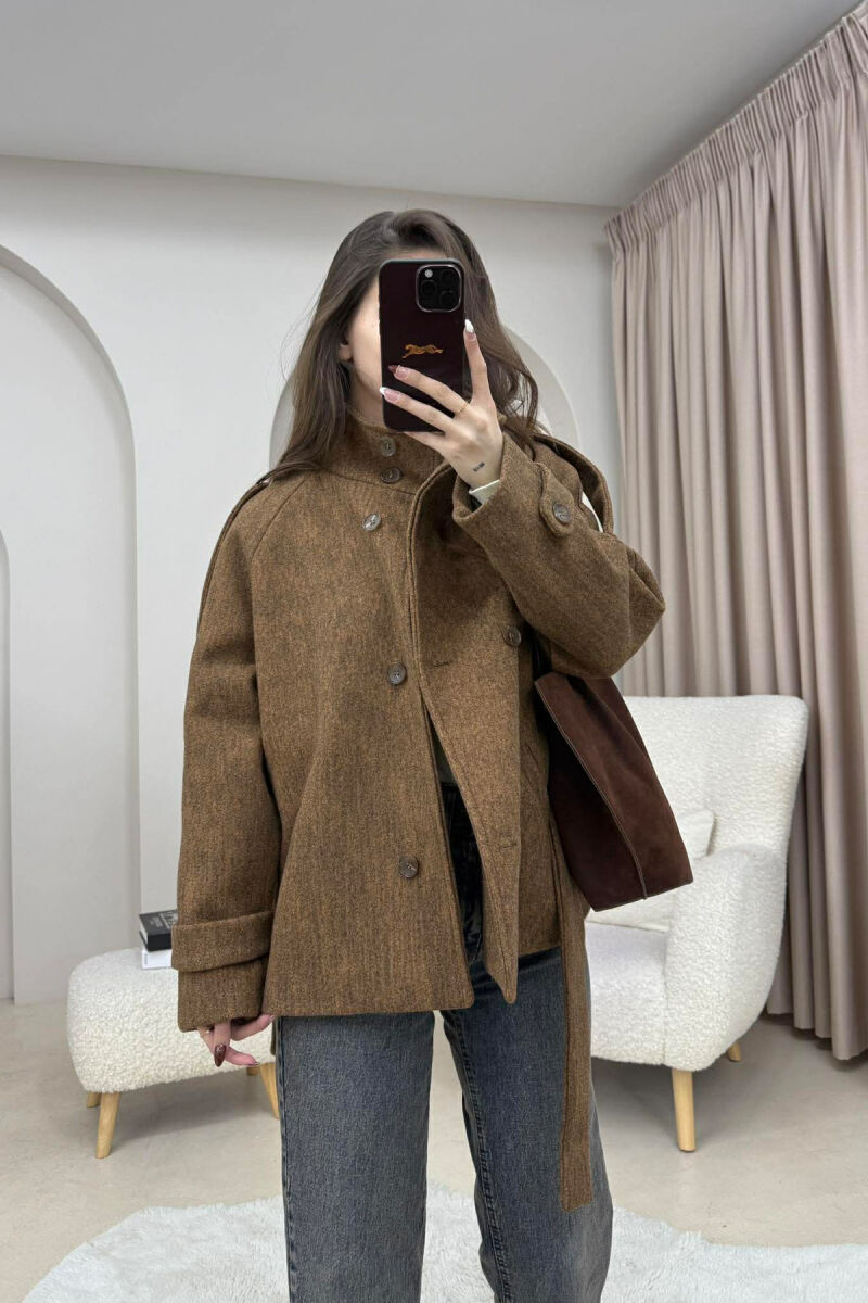 ONE COLOR BUTTONED WOMAN COAT WITH BELT BROWN/KAFE - 4