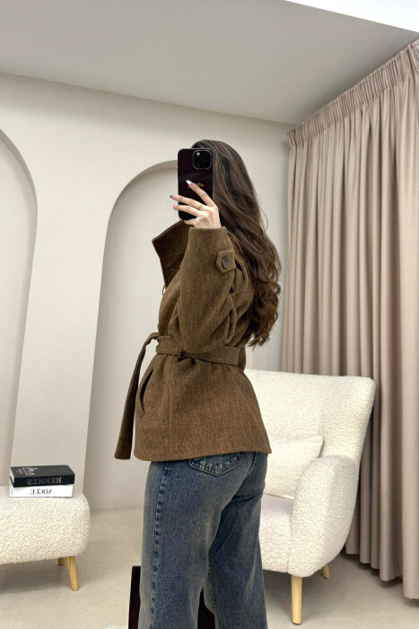 ONE COLOR BUTTONED WOMAN COAT WITH BELT BROWN/KAFE - 5