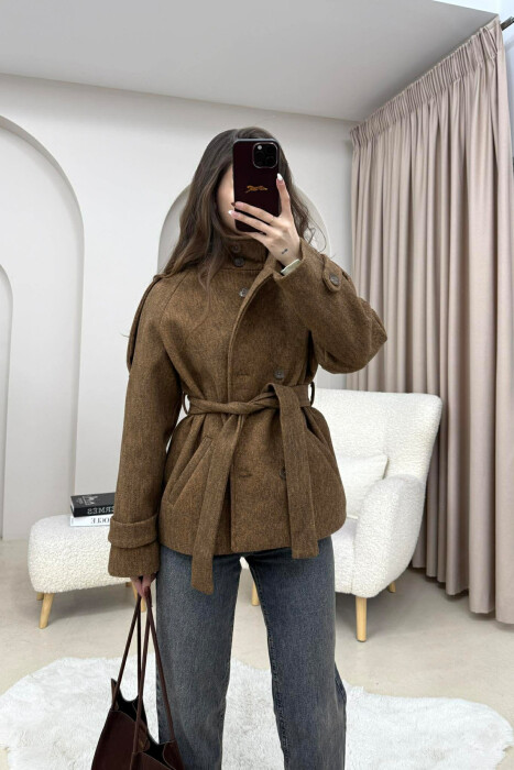 ONE COLOR BUTTONED WOMAN COAT WITH BELT BROWN/KAFE - 1
