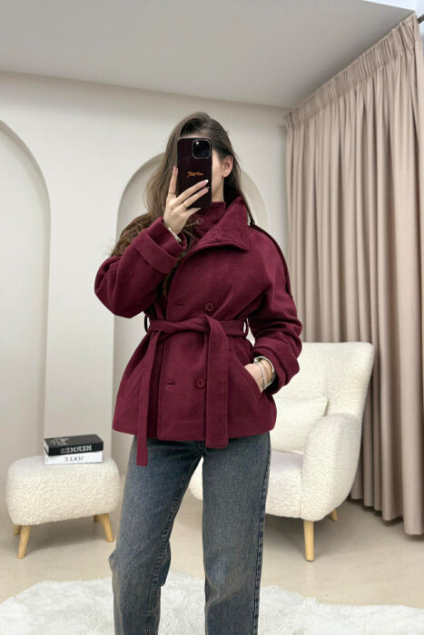 ONE COLOR BUTTONED WOMAN COAT WITH BELT BURGUNDY/VISHNJE 