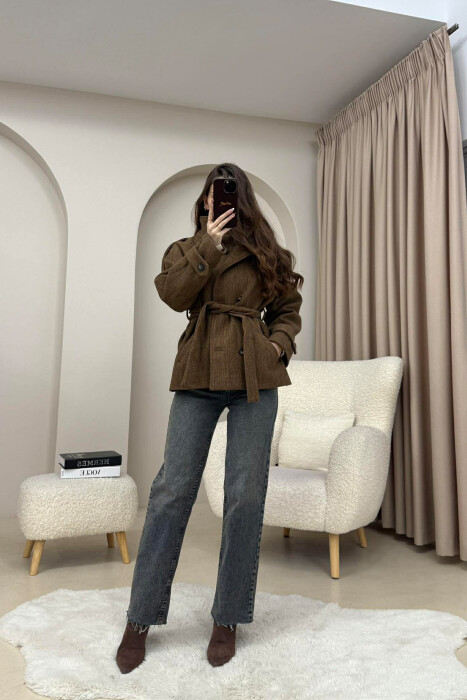 ONE COLOR BUTTONED WOMAN COAT WITH BELT DARK BROWN/KAFE ERRET - 2