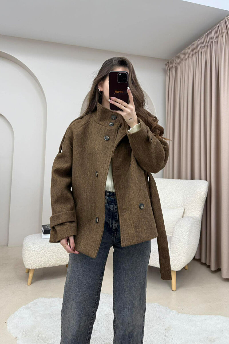 ONE COLOR BUTTONED WOMAN COAT WITH BELT DARK BROWN/KAFE ERRET - 4