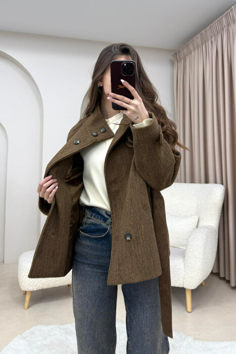 ONE COLOR BUTTONED WOMAN COAT WITH BELT DARK BROWN/KAFE ERRET - 1