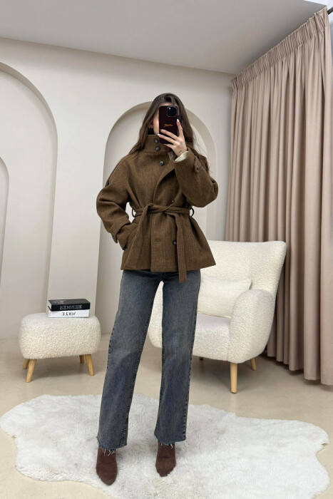 ONE COLOR BUTTONED WOMAN COAT WITH BELT DARK BROWN/KAFE ERRET - 5