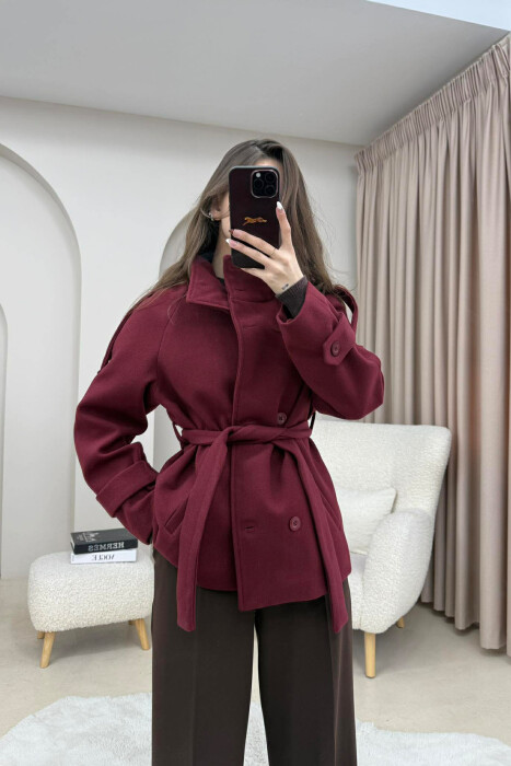 ONE COLOR BUTTONED WOMAN COAT WITH BELT DARK BURGUNDY/VISHNJE E ERRET 